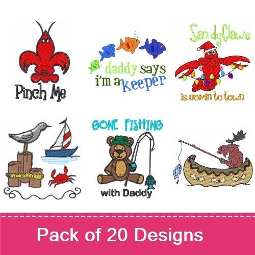Fishing & Sea Life Embroidery Bundle – Cartoon Fish, Daddy Says I'm a Keeper, Crab & More (20 Designs)