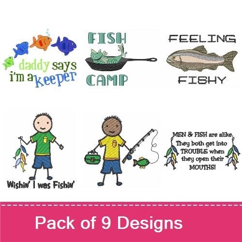 Fishing Sayings Embroidery Designs Bundle – Daddy Says I'm a Keeper, Gone Fishing, Catch of the Day & More (9 Designs)