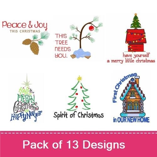Christmas Tree & Snowman Embroidery Designs Bundle – Whimsical Christmas Tree with House, Merry Christmas Text & More (13 Designs)