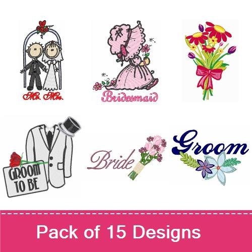 Wedding Party Embroidery Designs Bundle – Bride, Groom, Flower Girl & More (15 Designs)