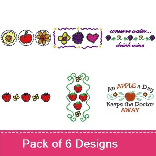Fruit & Floral Embroidery Bundle – Wine Quote, Flower Circle, Grape Vine & More (6 Designs)