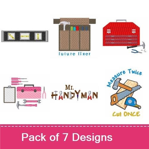 Handyman Tools & Sayings Embroidery Designs Bundle – Measure Twice Cut Once, Toolbox with Tools, Level Tool & More (7 Designs)