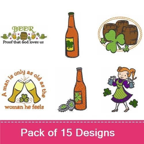 Leprechaun & Shamrocks Embroidery Designs Bundle – Beer Mug, Pint Glass, Rainbow & More (15 Designs)