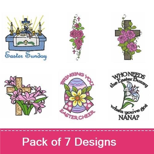 Easter & Religious Embroidery Designs Bundle – Cross with Roses, Easter Basket, Happy Easter & More (7 Designs)