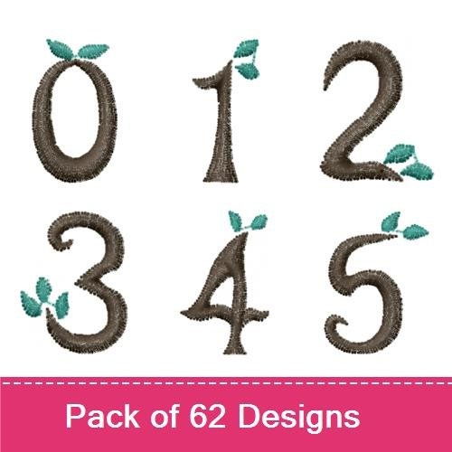 Rustic Nature Alphabet Embroidery Designs Bundle – Number 0 with Leaves, Number 1 with Leaves, Letter A with Leaves & More (62 Designs)