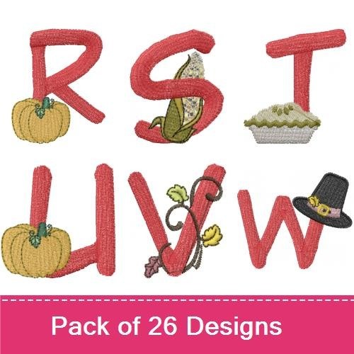 Thanksgiving Alphabet Embroidery Bundle – A with Hat, B with Pie, C with Corn & More (26 Designs)