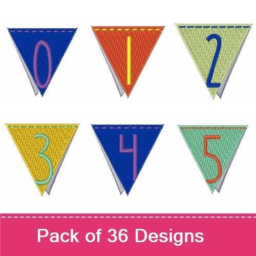 Colorful Number and Letter Bunting Embroidery Designs Bundle – Number 0, Number 1, Letter A & More (36 Designs)