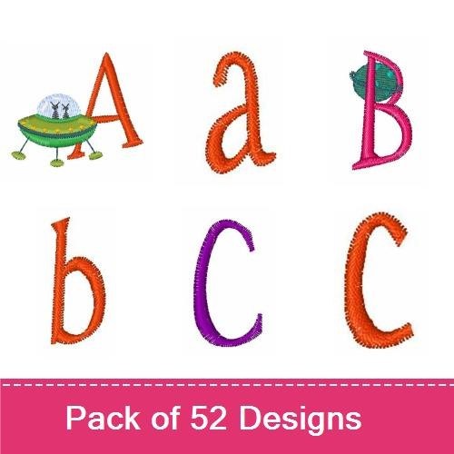 Space-Themed Alphabet Embroidery Designs Bundle – A with UFO, B with Stars, C Rocket & More (52 Designs)