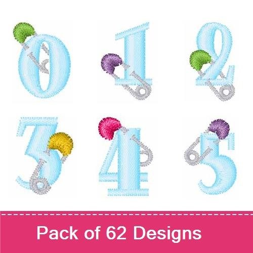 Baby Safety Pin Numbers Embroidery Designs Bundle – Number 0, Number 1, Number 2 & More (62 Designs)