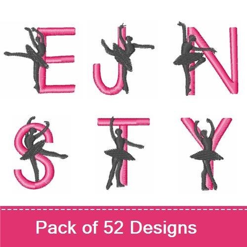Ballerina Alphabet Embroidery Designs Bundle – Ballet A with Dancer, Ballet a, Ballet b, & More (52 Designs)