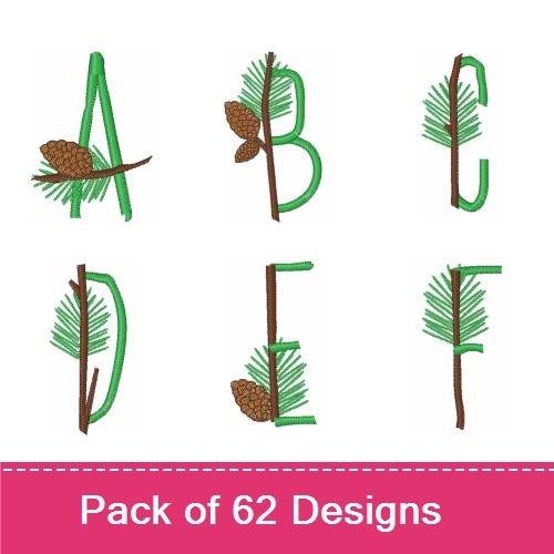 Pine Cone Rustic Alphabet Embroidery Designs Bundle – Pine Cone A, Pine Cone B, Pine Cone C & More (62 Designs)