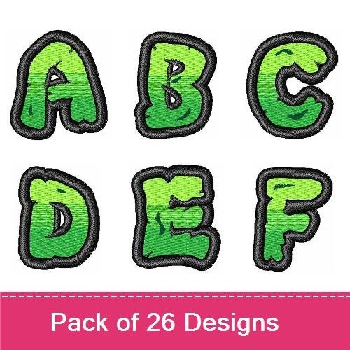 Green Cartoon Alphabet Embroidery Designs Bundle – Letter A, Letter B, Letter C & More (26 Designs)