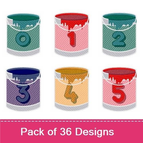 Paint Can Numbers & Letters Embroidery Bundle – Colorful Cans with 0, 1, 2, 3, A & More (36 Designs)