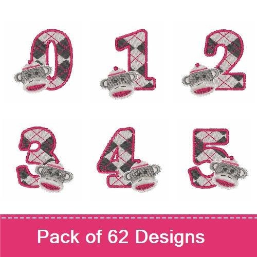 Sock Monkey Argyle Embroidery Designs Bundle – Number 0, Number 1, Number 2, Number 3, Letter A & More (62 Designs)