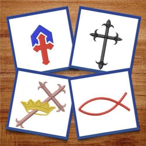 Redwork Christian Symbols Embroidery Designs Bundle – Crown of Thorns, Cross with Ribbon, Jesus Text with Crown & More (8 Designs)