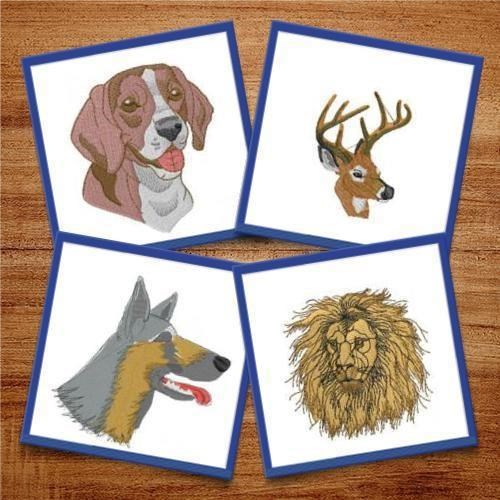 Beagle, Deer, Collie & Lion Embroidery Bundle – Animal Portraits