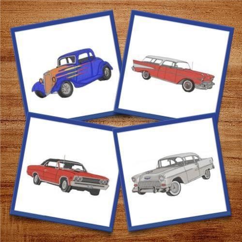 Classic Vintage Cars Embroidery Designs Bundle – Red Station Wagon, Yellow Convertible, Blue Sedan & More (10 Designs)