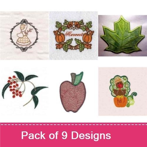 Autumn Embroidery Designs Bundle – Autumn Leaves, Harvest Basket with Apples, Pumpkin & More (9 Designs)