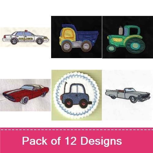 Classic and Utility Vehicles Embroidery Designs Bundle – Police Car, Classic Muscle Car, Convertible Car & More (12 Designs)