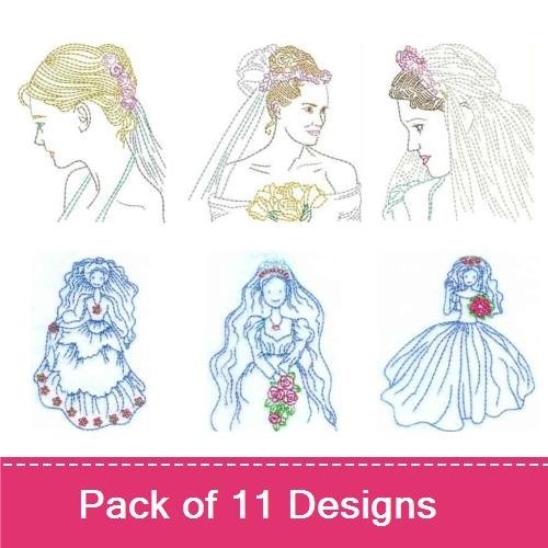 Redwork Bridal Silhouettes Embroidery Designs Bundle – Bridal Portrait with Bouquet, Flower Crown Bride & More (11 Designs)