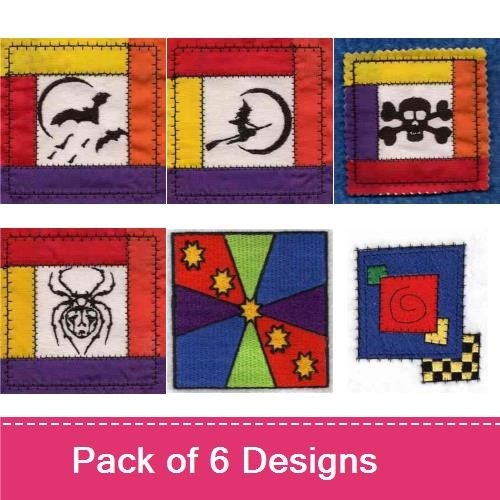 Halloween Patchwork Embroidery Designs Bundle – Bat Silhouette, Spider, Skull Crossbones & More (6 Designs)