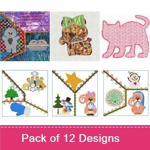 Cute Cat & Holiday Embroidery Designs Bundle – Pink Cat, Santa Cat, Cat with Sunglasses & More (12 Designs)