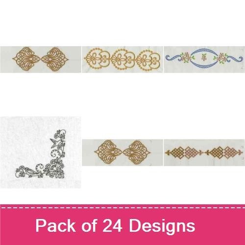 Elegant Vintage Ornamental Embroidery Designs Bundle – Flourish, Butterfly Accent, Scroll Border & More (24 Designs)