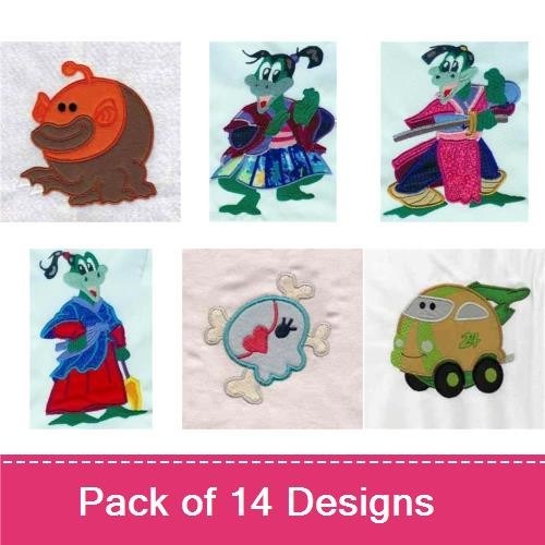 Applique Whimsical Characters Embroidery Designs Bundle – Dragon in Kimono, Watering Can, Truck & More (14 Designs)