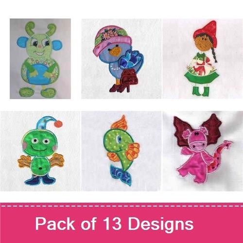 Applique Whimsical Characters Embroidery Bundle – Colorful Fish, Bee Character, Mouse Character & More (13 Designs)