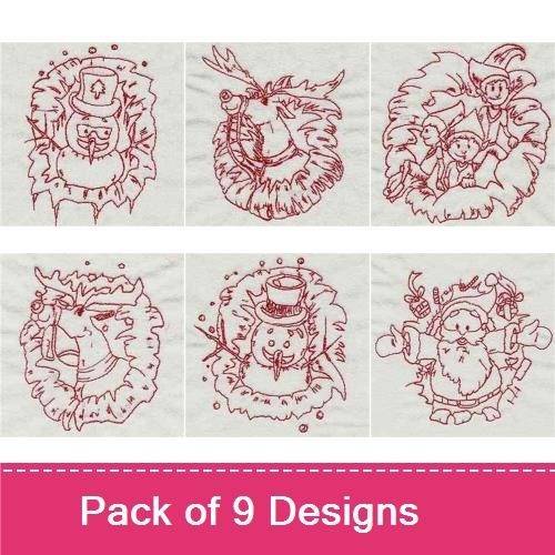 Redwork Christmas Characters Embroidery Designs Bundle – Snowman in Hat, Santa Face, Reindeer with Antlers & More (9 Designs)