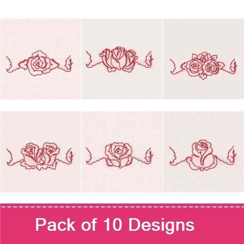 Redwork Elegant Red Rose Embroidery Designs Bundle – Single Elegant Red Rose, Rose with Leaves, Red Rose Cluster & More (10 Designs)