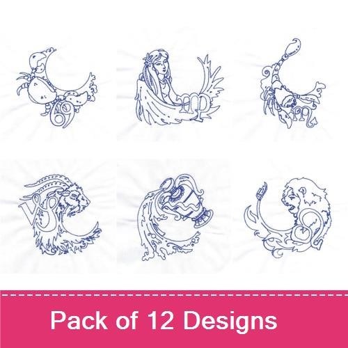 Redwork Zodiac Star Signs Embroidery Bundle – Aries, Taurus, Gemini, Cancer & More (12 Designs)