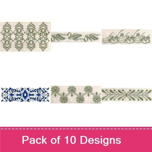 Elegant Green & Blue Embroidery Bundle – Ornate Green Scroll Border, Floral Motif, Intricate Blue Border & More (10 Designs)
