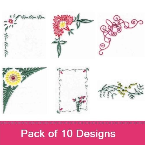 Floral Corners Embroidery Designs Bundle – Pink Flower, Green Swirls, Red Flower & More (10 Designs)