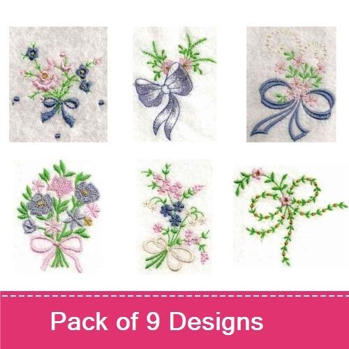 Floral Bow Embroidery Designs Bundle – Floral Bow with Pink Flowers, Blue Bow with Flowers, Floral Wreath with Bow & More (9 Designs)