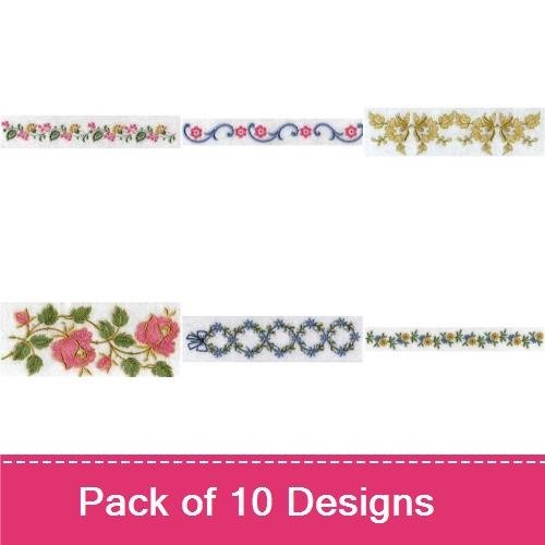Floral and Vintage Embroidery Designs Bundle – Floral Border with Blue Swirls, Vintage Floral Pattern, Red Poppy Scroll & More (10 Designs)