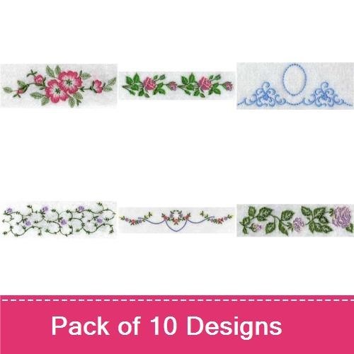Floral Embroidery Bundle – Yellow Floral Border, Blue Floral Border, Pink Floral Spray & More (10 Designs)