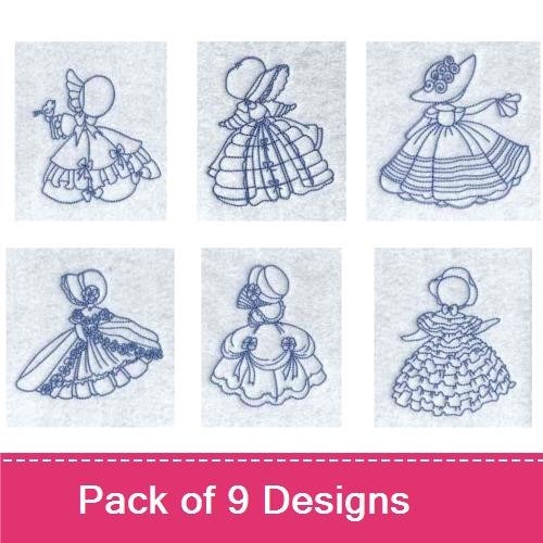 Redwork Vintage Sunbonnet Girls Embroidery Designs Bundle – Sunbonnet Girl with Bonnet, Girl Holding Basket, & More (9 Designs)