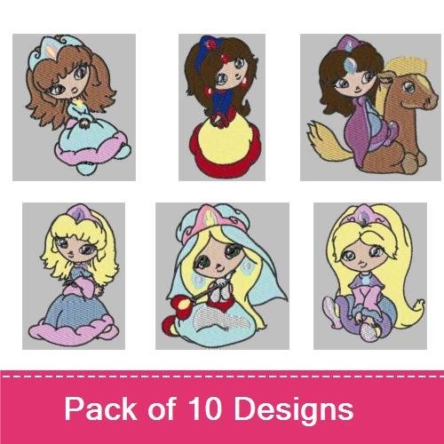 Princess Embroidery Designs Bundle – Princess with Heart, Princess in Blue Dress, Princess with Dog & More (10 Designs)