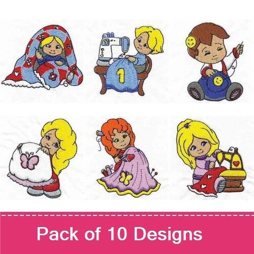 Sewing-Themed Children Embroidery Bundle – Sewing Girl with Machine, Girl in Pink Dress, Sewing Boy with Thread & More (10 Designs)