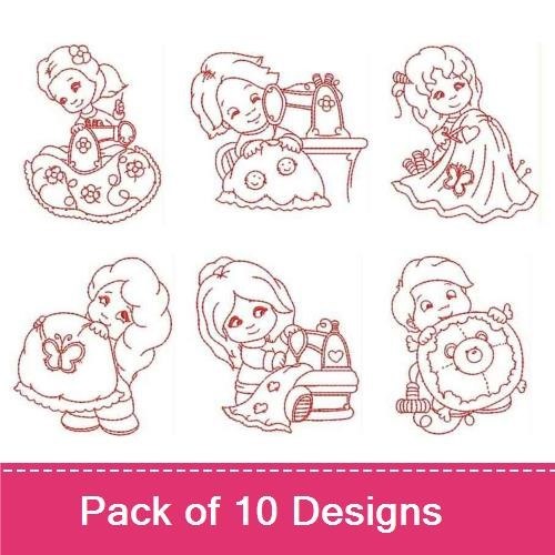 Redwork Sewing-themed Children's Embroidery Bundle – Child with Sewing Machine, Child with Blanket, Child with Toy & More (10 Designs)