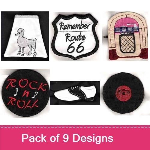 Retro Rock and Roll Embroidery Designs Bundle – Route 66 Sign, Jukebox, Ice Cream Cone & More (9 Designs)