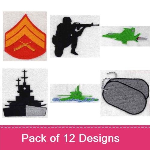 Military Silhouettes and Vehicles Embroidery Bundle – Soldier Silhouette, Tank Silhouette, Battleship Silhouette & More (12 Designs)