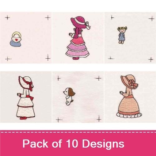 Vintage Girls Embroidery Designs Bundle – Vintage Girl in Pink Dress, Cupcake, Vintage Girl with Hat & More (10 Designs)