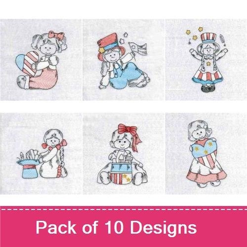 Redwork Patriotic Children Embroidery Designs Bundle – Boy with Flag, Girl with Fireworks, Bear with Stars & More (10 Designs)