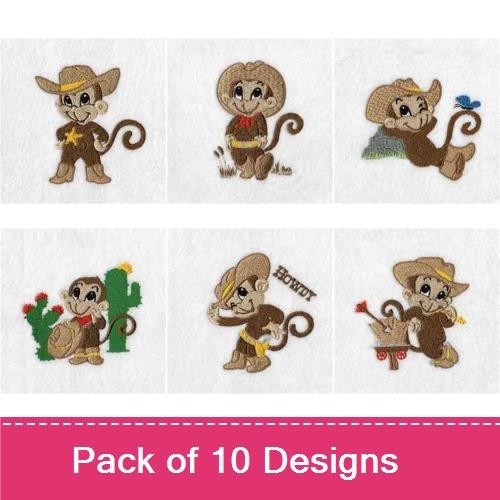 Cowboy Monkey Embroidery Designs Bundle – Cowboy Monkey with Star, Monkey on Horse, Monkey with Lasso & More (10 Designs)