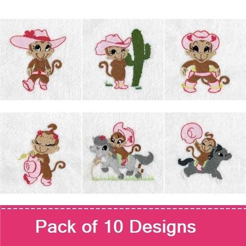 Cowboy & Cowgirl Monkeys Embroidery Designs Bundle – Cowboy Monkey with Cactus, Cowgirl Monkey with Hat & More (10 Designs)