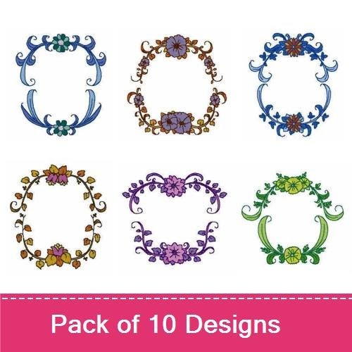 Floral Vintage Frame Embroidery Designs Bundle – Blue, Purple, Green Accents, & More (10 Designs)