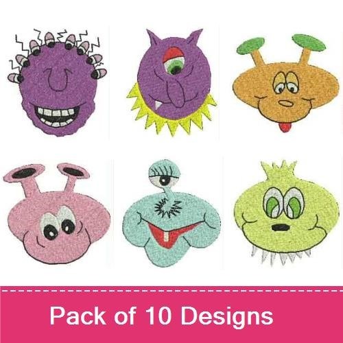 Whimsical Monster Faces Embroidery Designs Bundle – Green Monster Face, Purple Monster Face, Smiling Monster Face & More (10 Designs)
