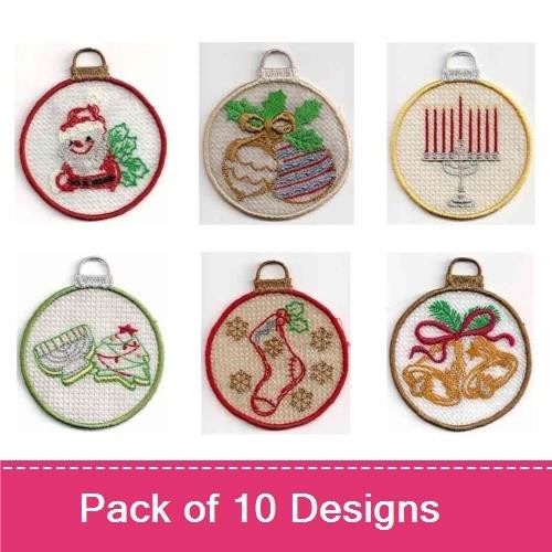 FSL Holiday Ornaments Embroidery Designs Bundle – Santa, Lantern, Gift, Candle & More (10 Designs)